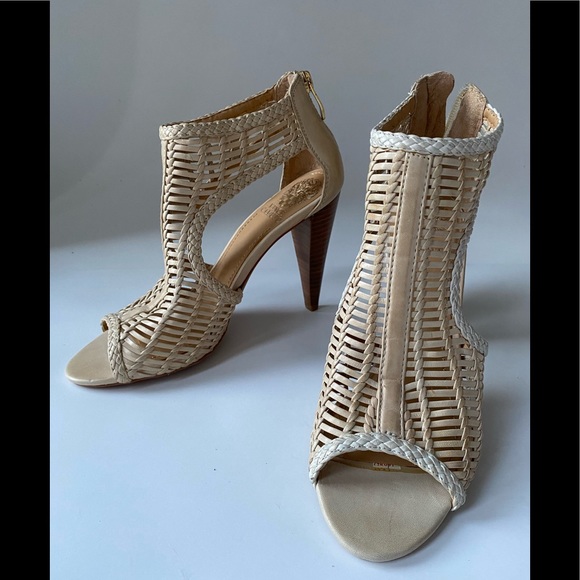 Vince Camuto Shoes - cream leather Vince Camuto woven high heel peek toe ankle bootie
